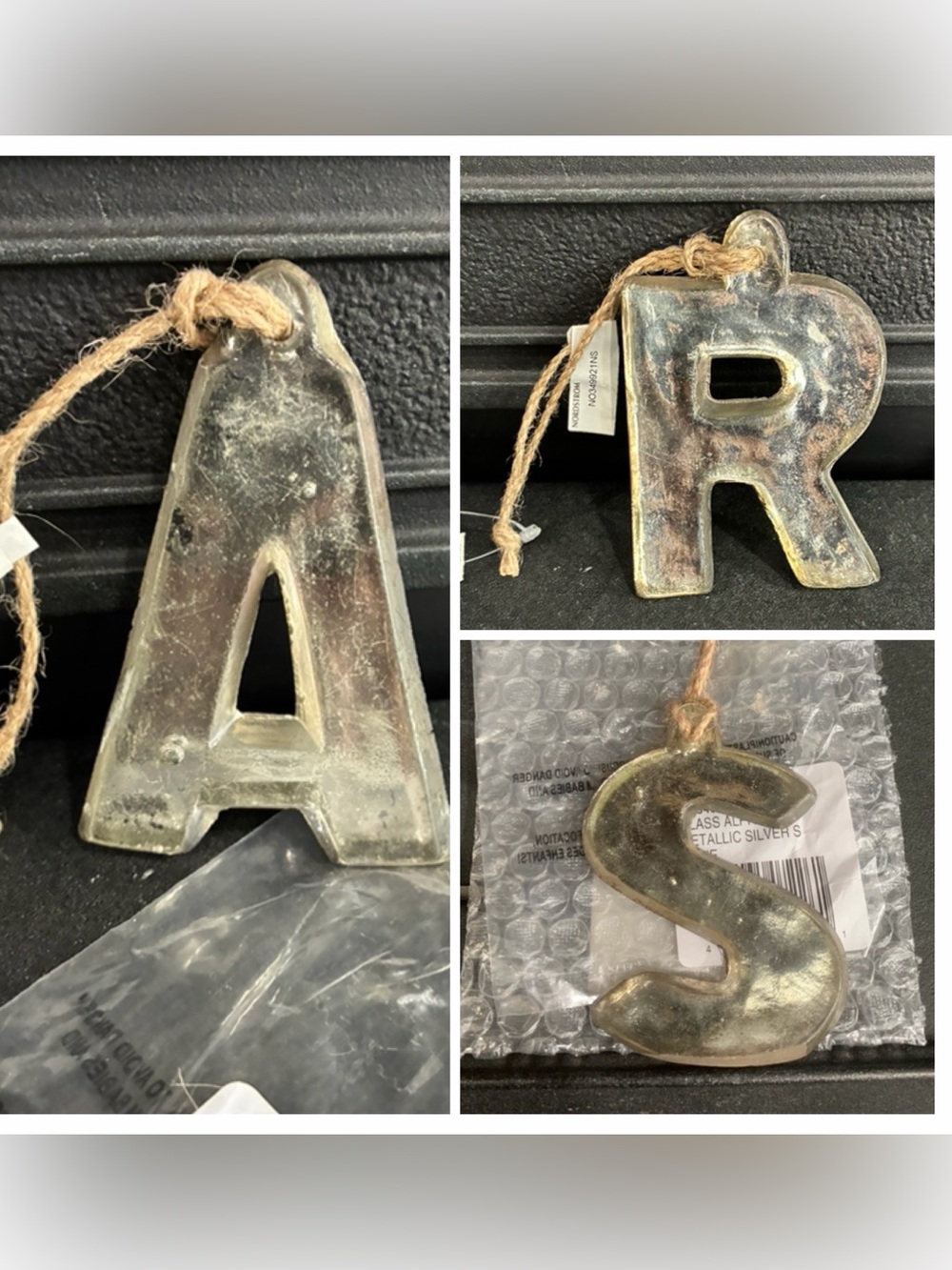 Nordstrom Glass Alphabet Letter Metallic Rustic Hanging Holiday Ornament Silver